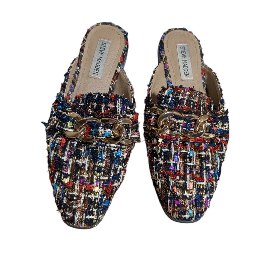 Steve Madden Cassady Shoes Slip On Mules Sz 6.5 Multi Tweed Chain Link Low Heel